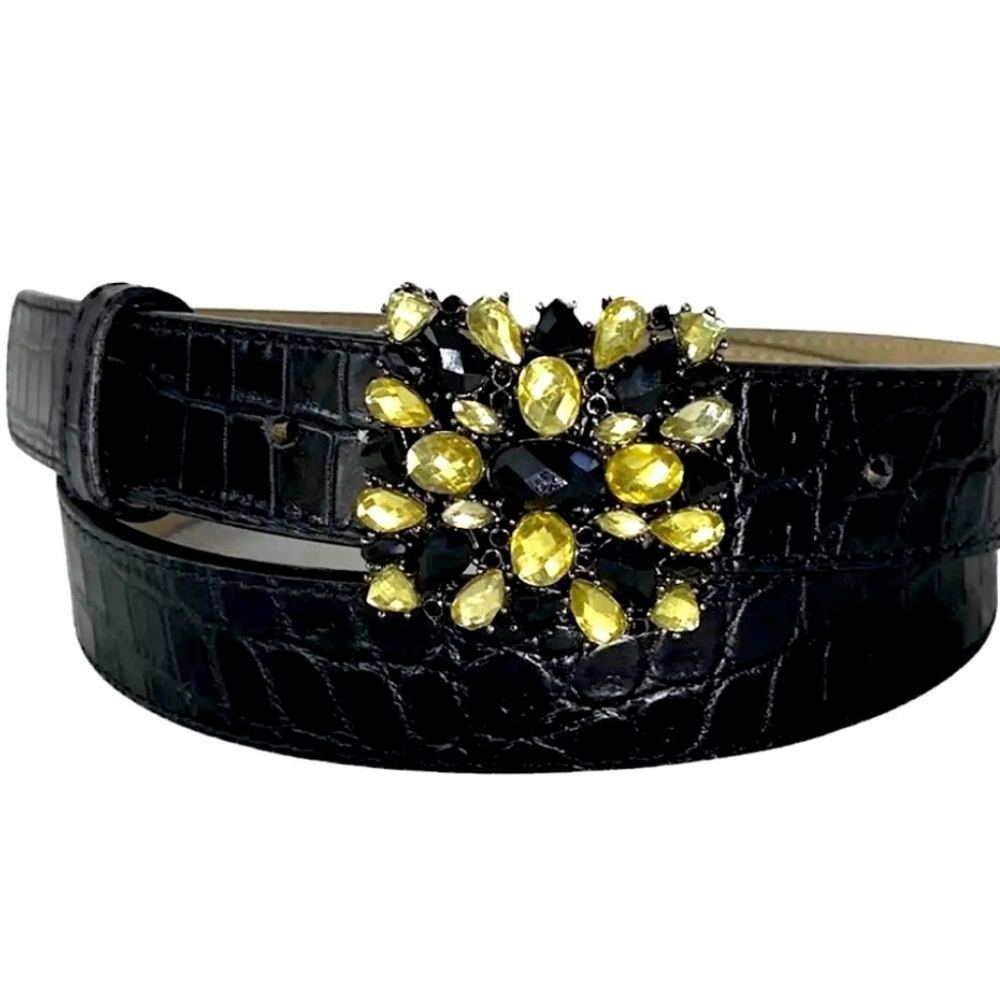 Black and Yellow Crystal Buckle Leather Belt
